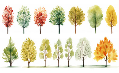 木々が並ぶ　水彩画イラストセット