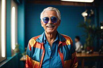 A high self-confident old man. Happy senior man in blue and orange outfit, cool sunglasses, laughing and having fun - obrazy, fototapety, plakaty