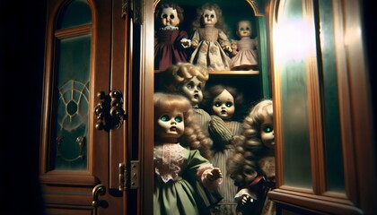 Creepy Eerie Vintage Dolls in Antique Cabinet - obrazy, fototapety, plakaty