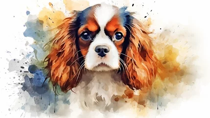 Foto op Aluminium stockphoto, cute little cavalier king charles spaniel puppy in watercolor design. Portrait of a beautiful cavalier king charles spaniel. Watercolor style.  © Dirk