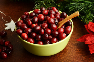 fresh cranberries in a bowl with pine boughs