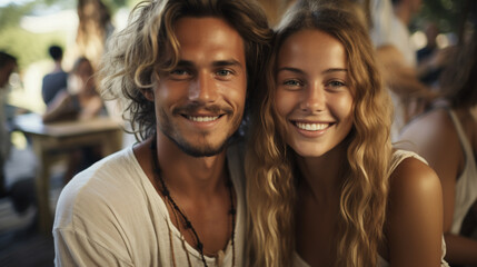 weekend or vacation, beer garden gathering, couple caucasian together, wooden tables and chairs, smiling happy, enjoy the summer warm temperatures, fictional location