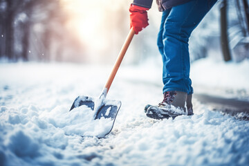 Person with a snow shovel clear a path - obrazy, fototapety, plakaty