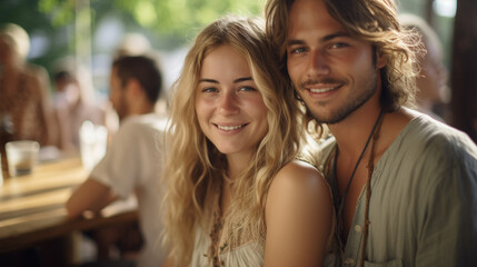 weekend or vacation, beer garden gathering, couple caucasian together, wooden tables and chairs, smiling happy, enjoy the summer warm temperatures, fictional location