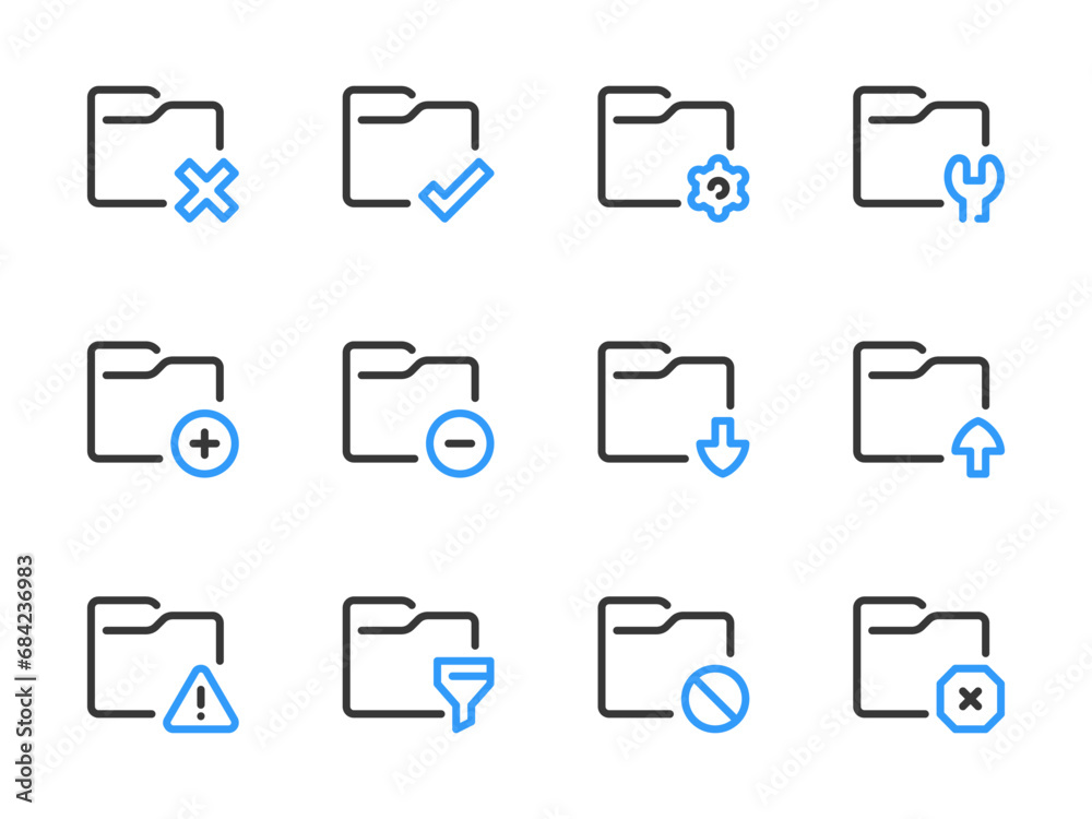 Poster folder configurations and data directory vector line icons. archive of files and documents outline i