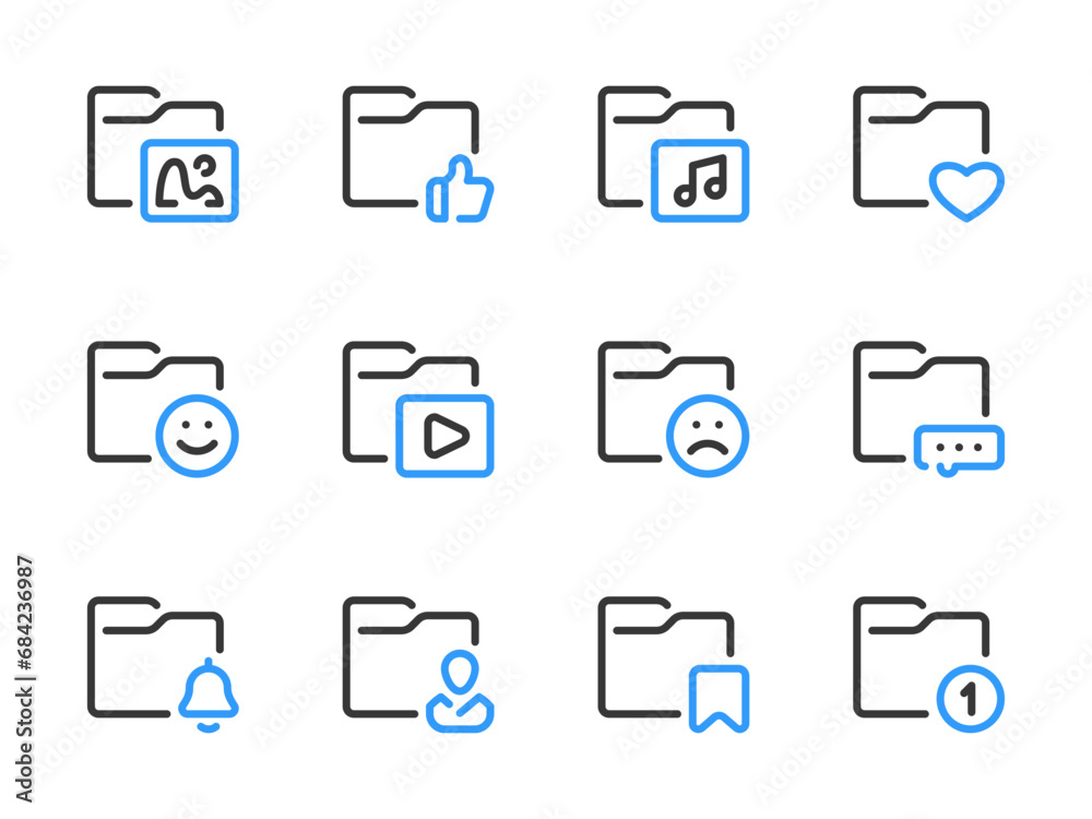 Poster folder configurations and data directory vector line icons. archive of files and documents outline i