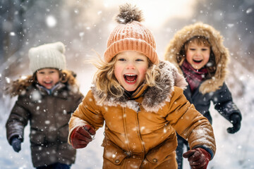 Childrens playing in snowy winter park and have fun