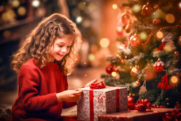 Young girl excitedly opening a gift under Christmas tree