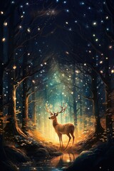 Cute Storybook Illustration of a Stag Deer at Nighttime in Magical Forest