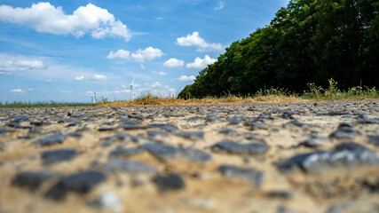 This image provides a ground-level view of a cobbled path stretching into the distance. The focus on the textured stones at the forefront gives a sense of rugged durability, leading the eye along the