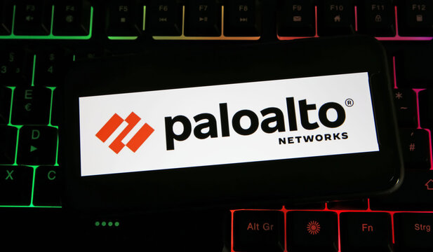 Viersen, Germany - July 9. 2023: Closeup of mobile phone on computer keyboard with logo lettering of Palo Alto networks company