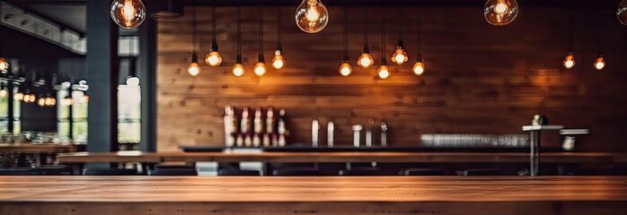 Elegant interior ambiance. Vintage inspired blurred background featuring dimly lit dining space with empty wooden table cozy chairs and subtle bokeh lights ideal for cafe and restaurant concepts - obrazy, fototapety, plakaty