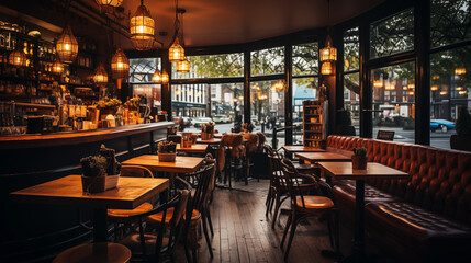 Photo of interior an small cozy coffee shop in in the evening in rustic style