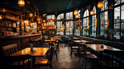 Photo of interior an small cozy coffee shop in in the evening in rustic style