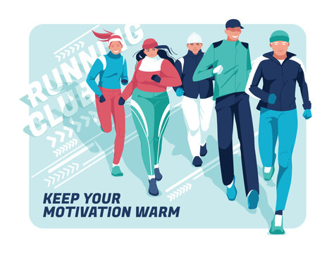 Banner for advertising running competitions or training. A group of athletes wearing warm clothes are running on an abstract background. Season of winter runs. Different races, fat people.