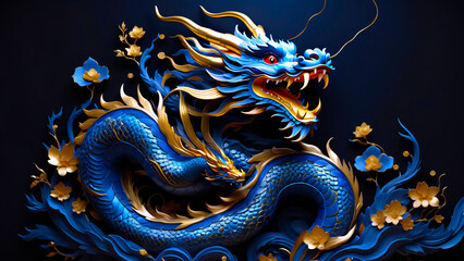 Chinese dragon with Blue flowers
