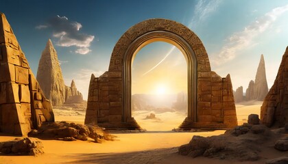 Surreal desert with ancient ruins landscape - obrazy, fototapety, plakaty