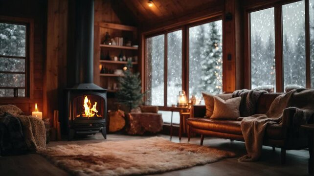 winter forest, chimney place inside wooden cabin with window view to the snow fall