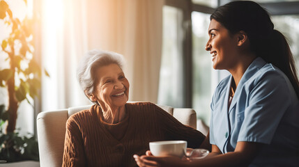 Une femme âgée souriante qui partage un moment chaleureux avec une soignante.