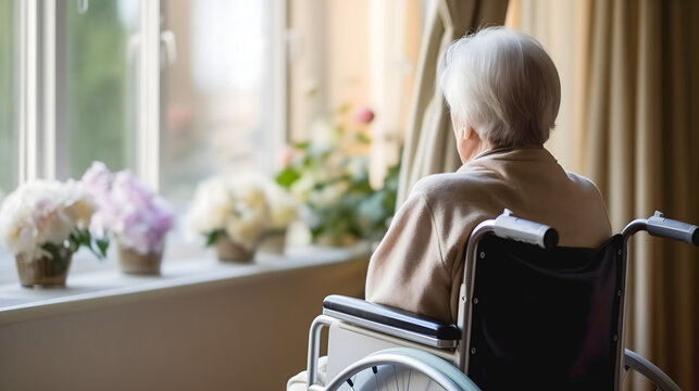 Une personne &acirc;g&eacute;e de dos en fauteuil roulant qui regarde par la fen&ecirc;tre.