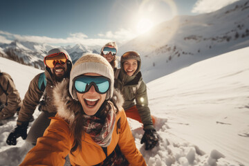 Fototapeta na wymiar Adventurers Conquering the Majestic Snowy Peak with Joy and Determination