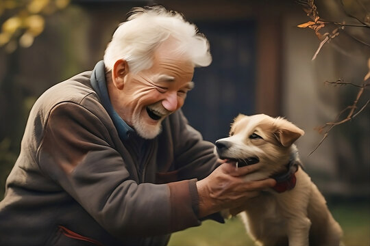 Paws of Happiness: A Jumping Pup and the Old Man's Grin, AI Generative
