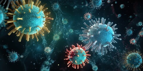 Fototapeta na wymiar Microscopic world of contagion. Detailed illustration showcasing various viruses bacteria and microbes representing and threat of infectious diseases ideal for medical and scientific concepts