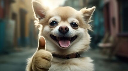 the animal smiling at the camera with thumps up