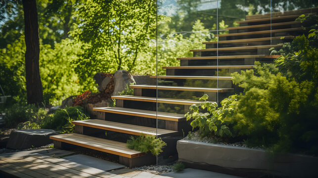 Un escalier moderne en bois et en m&eacute;tal dans un jardin.