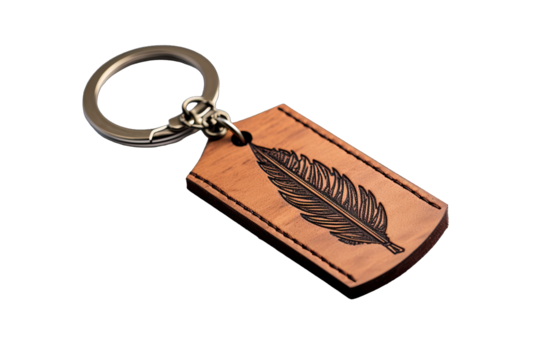 Leather Wooden Custom Keychain With Engraving On Transparent Background