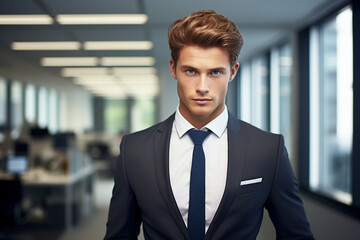 Naklejka premium Young entrepreneur, businessman in a suit, analyzing marketing strategies in the office