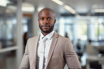 Naklejka premium Businessman, African American entrepreneur, young and successful, standing in a modern office