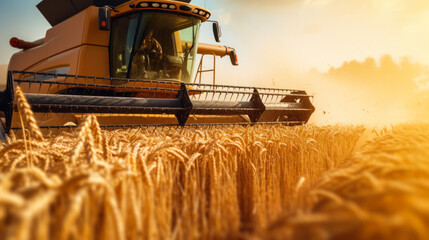 Fototapeta premium Close-up of a combine harvester harvesting ripe wheat. Golden ears of wheat against the backdrop of sunset. Rich harvest concept. Agriculture.