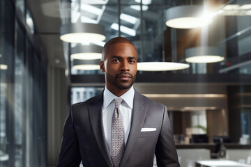 Businessman, smart young African American manager in a corporate office, career success - obrazy, fototapety, plakaty