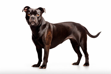 Fototapeta premium Staffordshire Bull terrier dog standing on a white background. Animal left-side portrait.