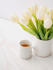 Vase with bouquet of white tulips and cup of tea on a table.