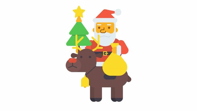 Santa sitting on reindeer holding gift bag and Christmas tree. Alpha channel