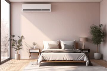 green energy heat pump AC sustainable modern bedroom with bed	 - obrazy, fototapety, plakaty