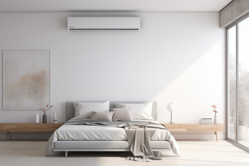 Fototapeta na wymiar green energy heat pump AC sustainable modern bedroom with bed 