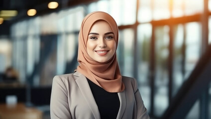 portrait of smiling Successful Muslim woman Wearing Hijab at modern Office