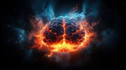 Fotobehang Brain on fire. Brain explosion with fire, sparks and smoke. Concept of degenerative cognitive diseases. Treatment of brain powers. Migraine, headache. © Alina Tymofieieva