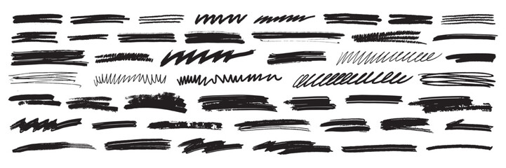 Underline brushstroke set, doodle line scribble, black pencil vector hand drawn divider collection. Sketch marker border, crayon stripe kit, grunge creative text decoration. Underline brushstroke - obrazy, fototapety, plakaty