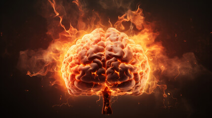 Brain on fire. Brain explosion with fire, sparks and smoke. Concept of degenerative cognitive diseases. Treatment of brain powers. Migraine, headache. - obrazy, fototapety, plakaty