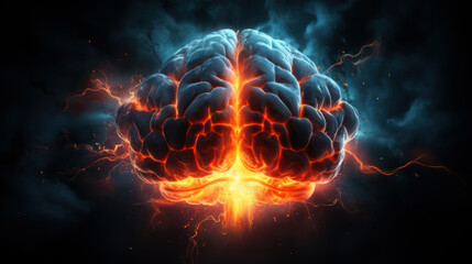 Brain on fire. Brain explosion with fire, sparks and smoke. Concept of degenerative cognitive diseases. Treatment of brain powers. Migraine, headache. - obrazy, fototapety, plakaty