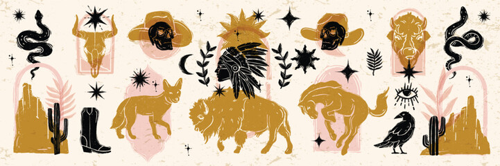 Linocut western boho set, vector engraving Texas desert print collection, canyon wildlife, cactus. Texture grunge Arizona rodeo graphics, bull, horse, snake, skull silhouette. Mystic linocut western © Oleksandra