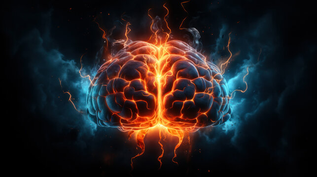 Brain on fire. Brain explosion with fire, sparks and smoke. Concept of degenerative cognitive diseases. Treatment of brain powers. Migraine, headache.