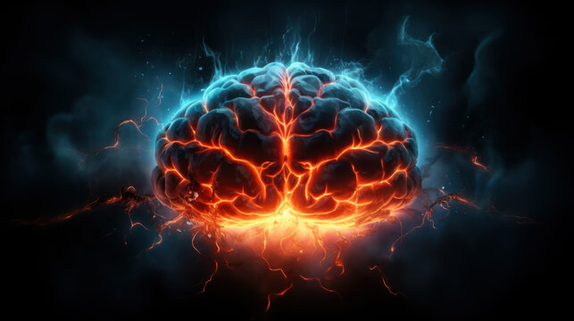 Brain on fire. Brain explosion with fire, sparks and smoke. Concept of degenerative cognitive diseases. Treatment of brain powers. Migraine, headache.