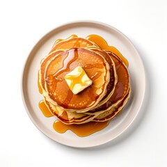 Top view of pancakes with butter and honey on white background. - obrazy, fototapety, plakaty