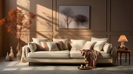 Fotobehang sadie's home couch cover in beige, in the style of vray tracing, elegant line work, matte photo, beige, tonal, meticulous design, imitated material © Muzikitooo