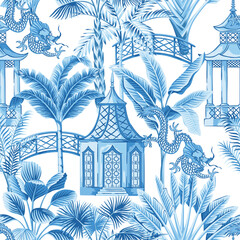 Blue Chinese pagoda, dragon and palm trees seamless pattern. Chinoiserie wallpaper.
